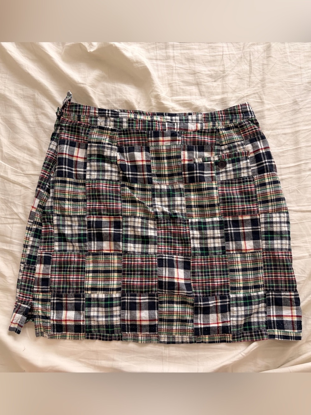 Express Patchwork Plaid Mini Skirt in Navy, Green & Red